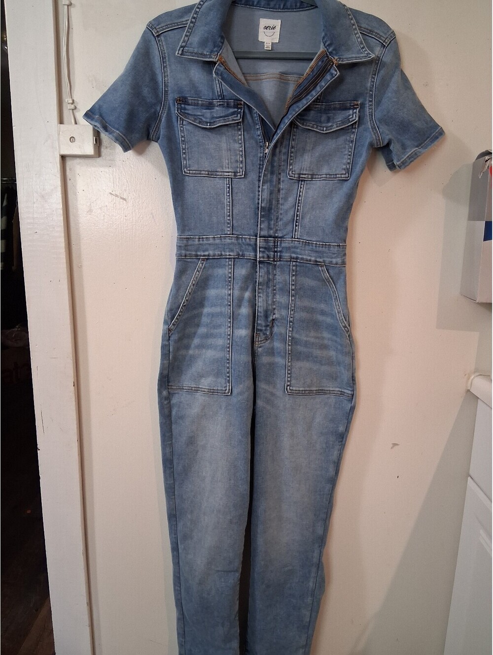 Aerie Denim Skinny Jumpsuit with Short Sleeves and Front Zipper in Light Blue,XS